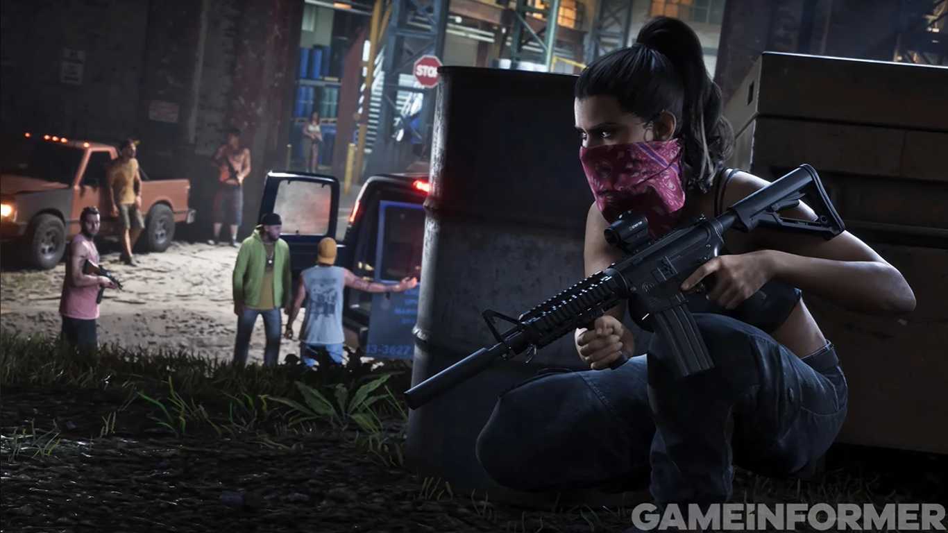 GTA 6 Lucia crouching holding a gun