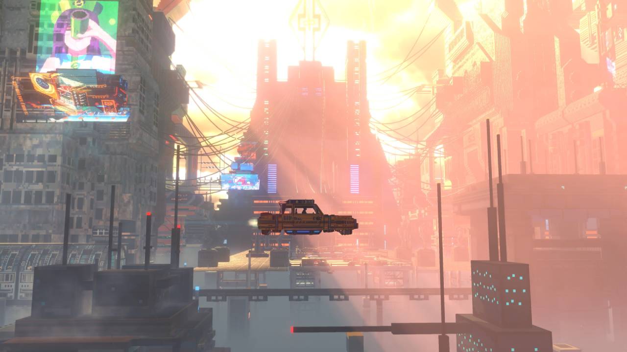 Nivalis Nights Cyberpunk giant hologram advertising and flying car