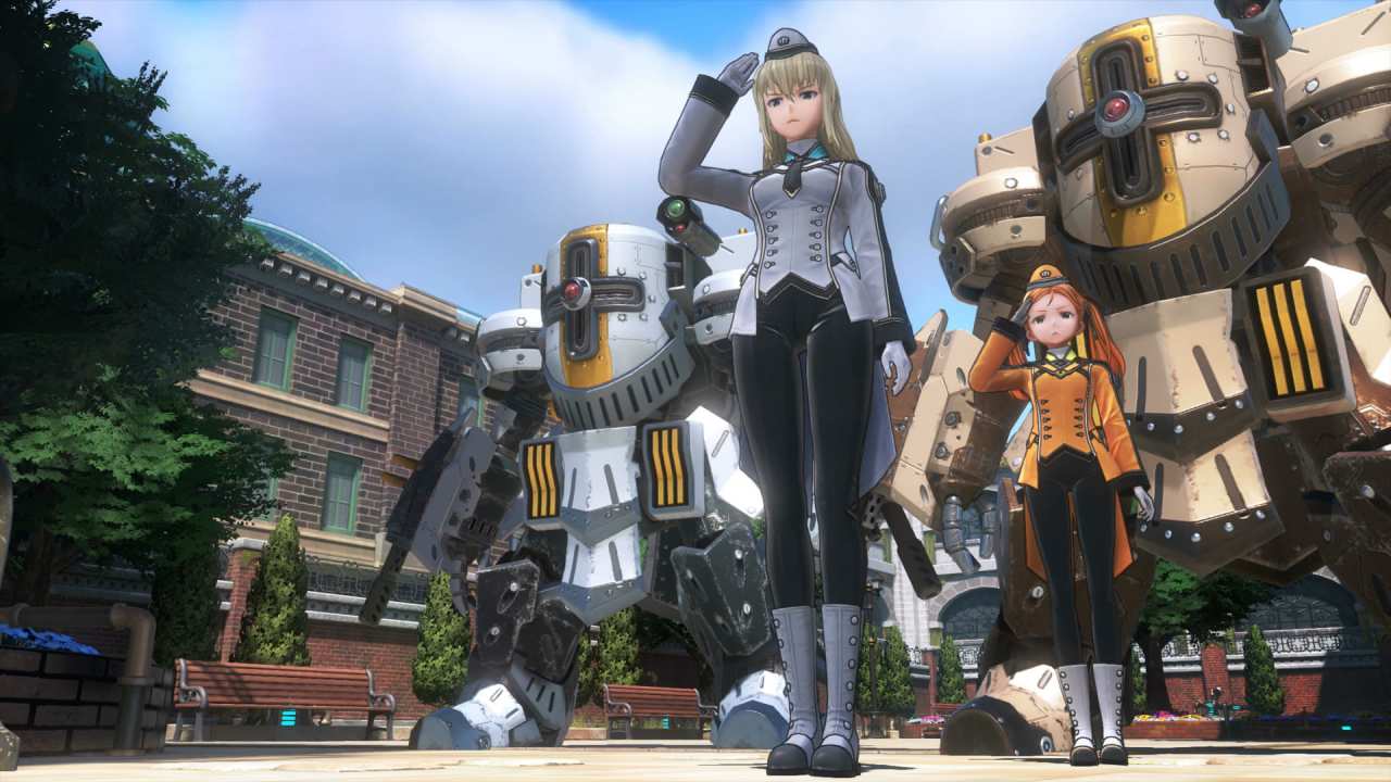 Sakura Wars Lancelot and Elise salute outdoors