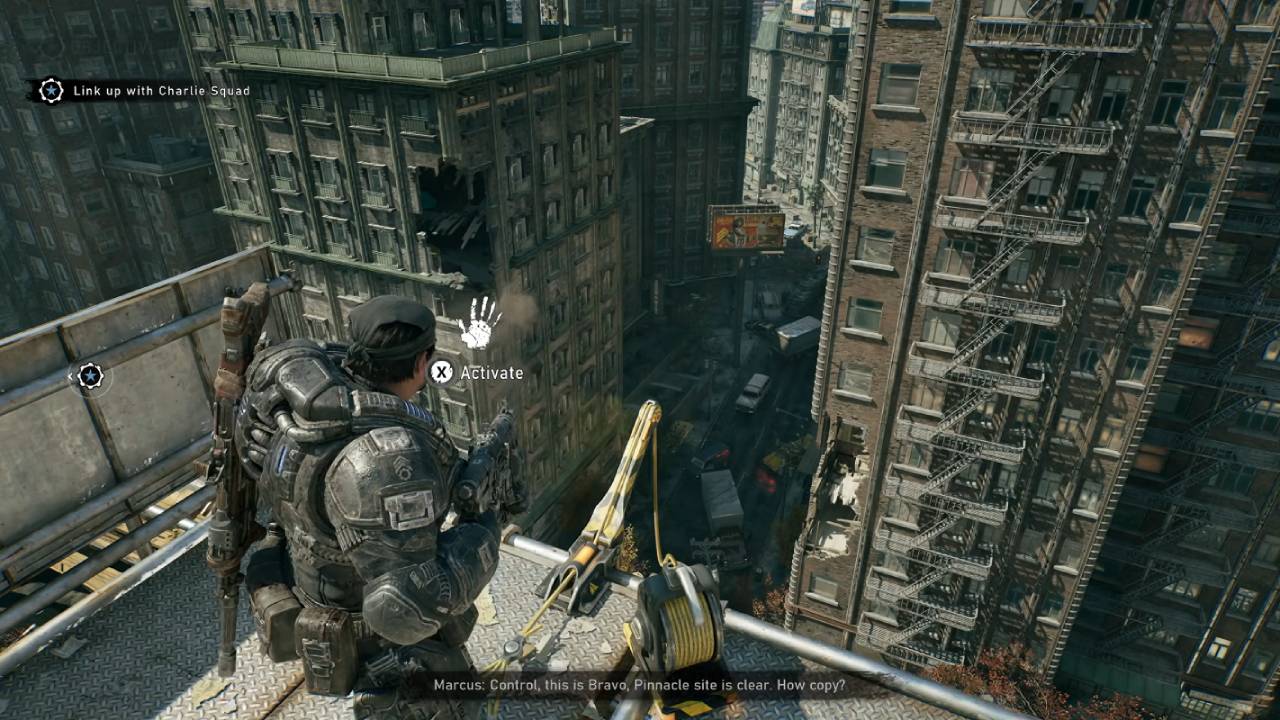 Gears of War: E-Day Activating a Lift to Climb Down