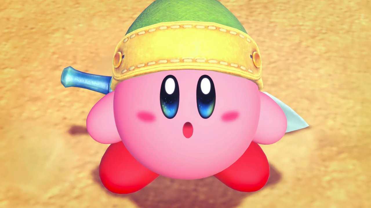 Kirby and the world beyond Kirby wearing Sword ability hat