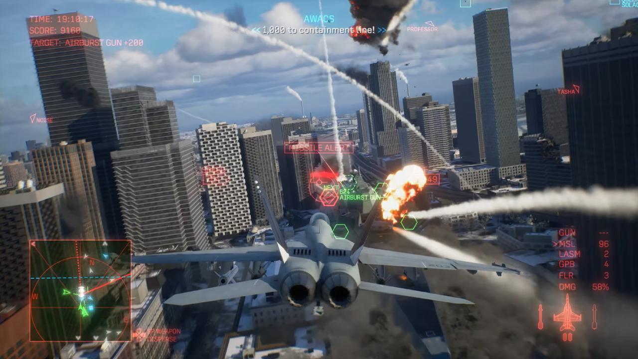 Ace Combat 8: Wings of Theve Flying a F/A-18C in the City during combat