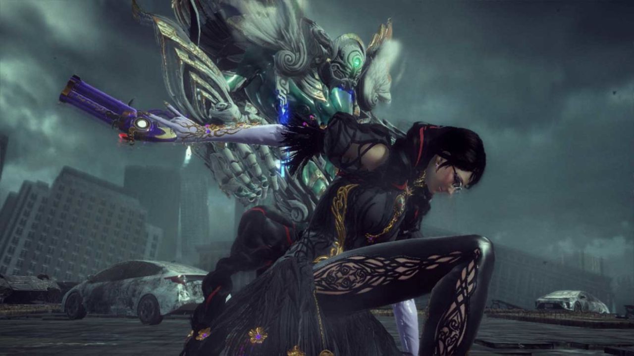 Bayonetta kneeling down with summoned demon