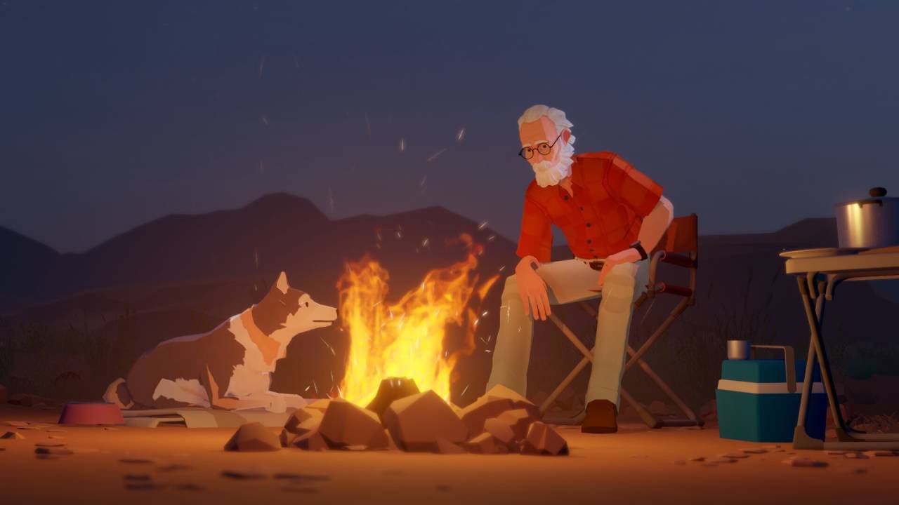 Forever Ago Old Man Sitting by the Bonfire with his Dog