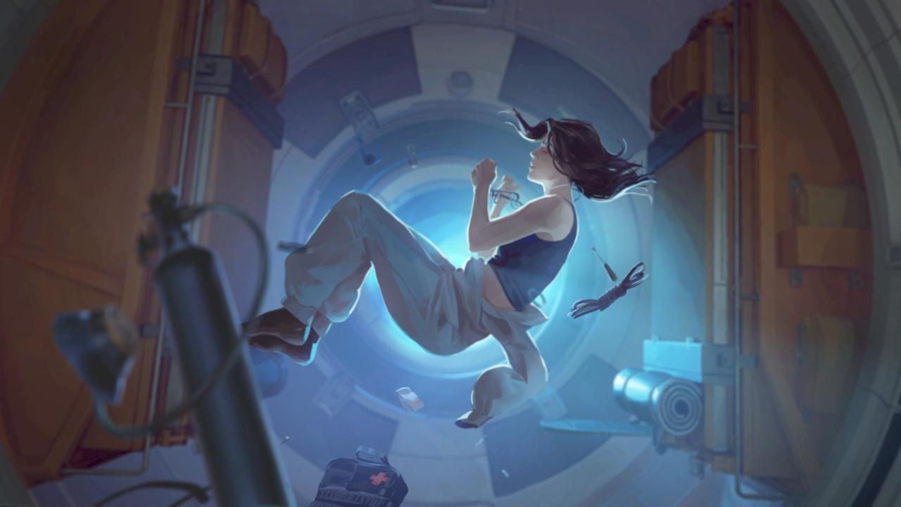 Rivage Scientist Floating in Zero Gravity in Spaceship