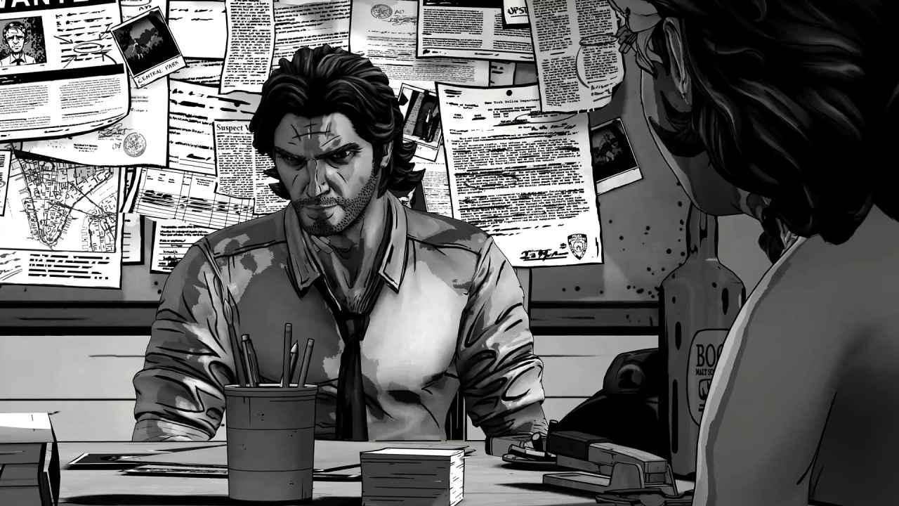 The Wolf Among Us Remastered Bigby Wolf sitting at desk Noir mode