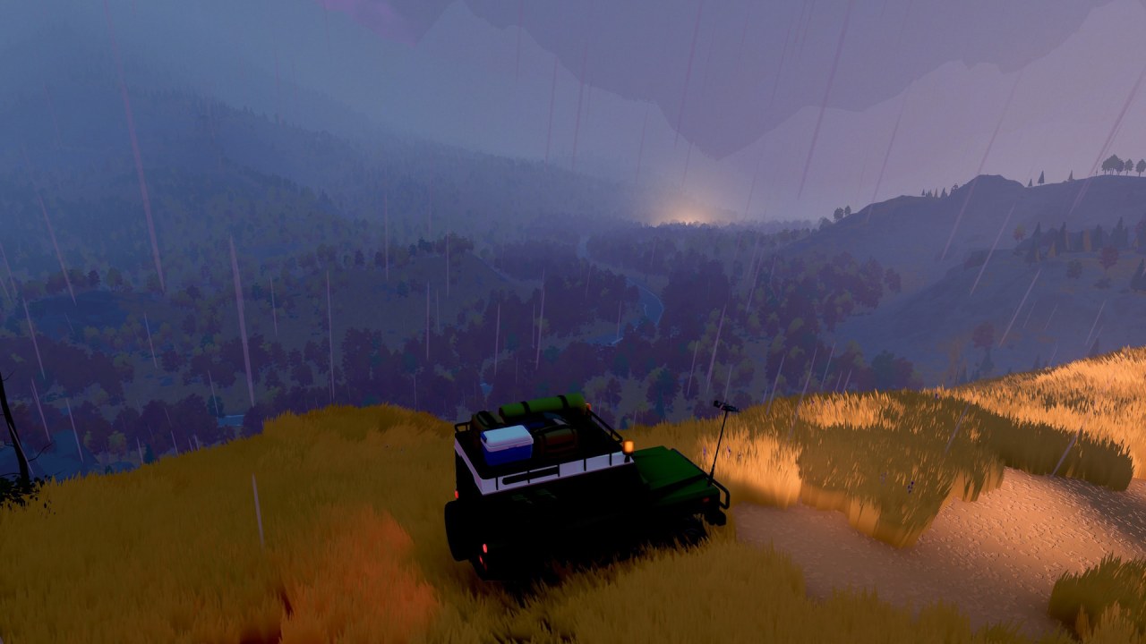 over the hill car overlooks rainy valley shifting weather