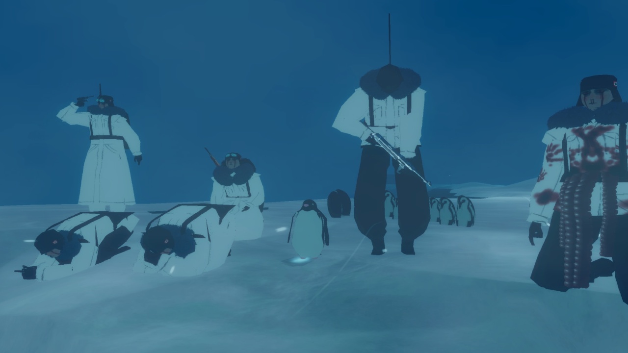 Penguin Colony soldiers standing near penguins