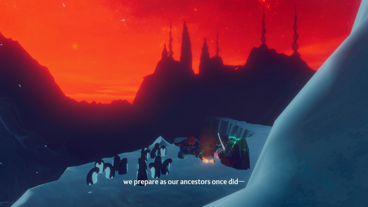 Penguin Colony characters gather around campfire