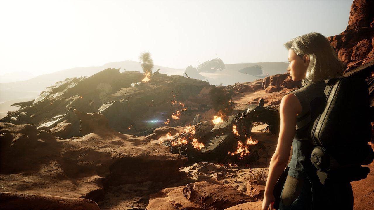 Dune Awakening console launch additions character observing wreckage
