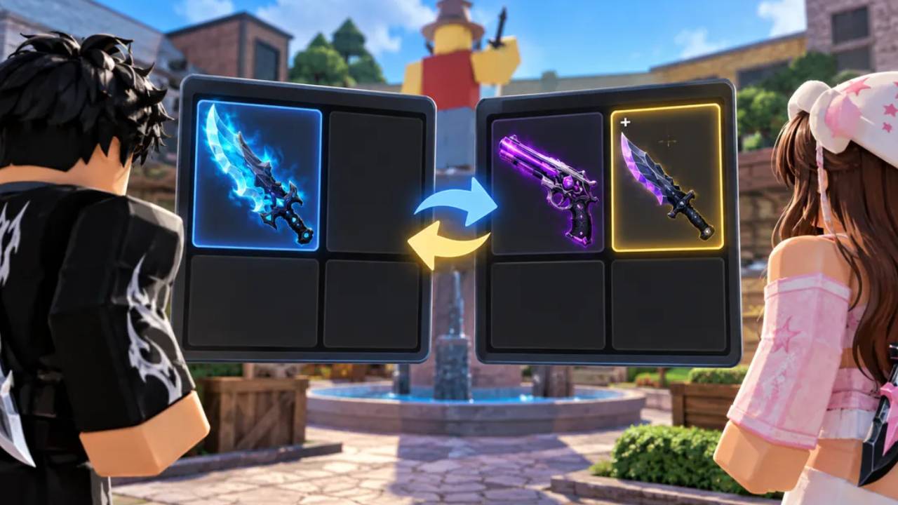 Two Roblox MM2 players comparing a trade offer with a blue knife exchanged for a purple gun and an additional knife.