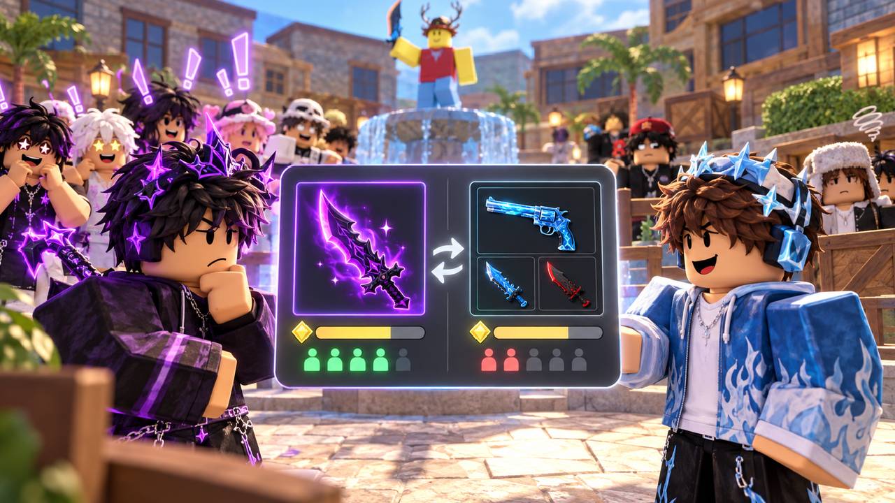 Two MM2 players comparing a knife trade with multiple weapons, showing how similar trade values can have different demand.