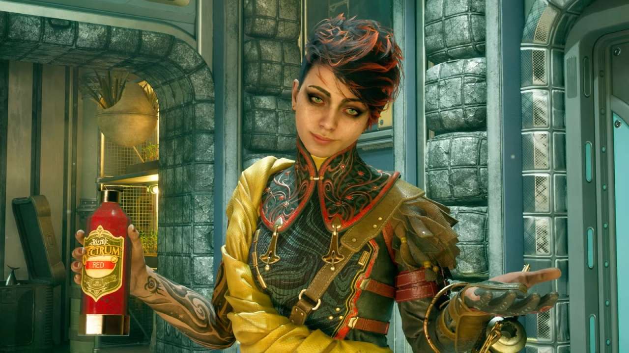 The Outer Worlds 2 character holding bottle